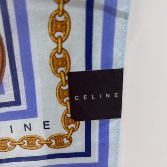 New Trendy Celine Paris Mini Scarf 20"Cotton/Silk blue gold chain  belt logo( 56 - Picture 7 of 7